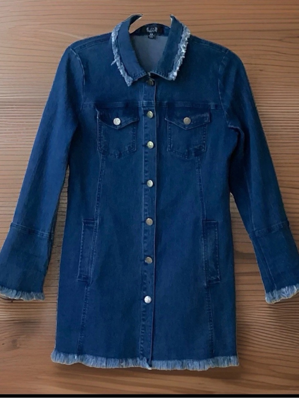 AZI Denim Jacket XS Mid Length Frayed Hem Cuffs Collar